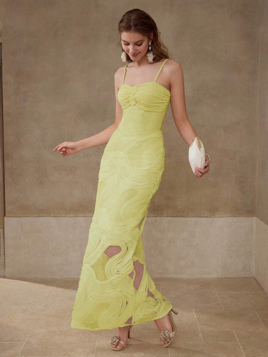 MOTF PREMIUM MESH GATHERED CAMI DRESS - Yellow - View 1