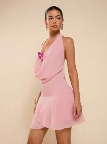 COSMINA Women's 3D Floral Decor Draped Neck Sexy Halter Mini Dress, Summer - Pink - View 4