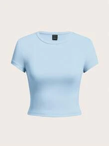 SHEIN Tall CURVE 加大码四件套纯色短款圆领短袖修身女士T恤，适合夏季 - 彩色 - 查看 6