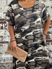 EMERY ROSE Robe décontracté à manches courtes à encolure ronde avec poche, imprimé camouflage, grande taille, pour femmes, en été