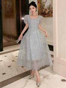 DAZY 女士时尚优雅方领泡泡袖收腰返校节礼服，婚礼舞会礼服