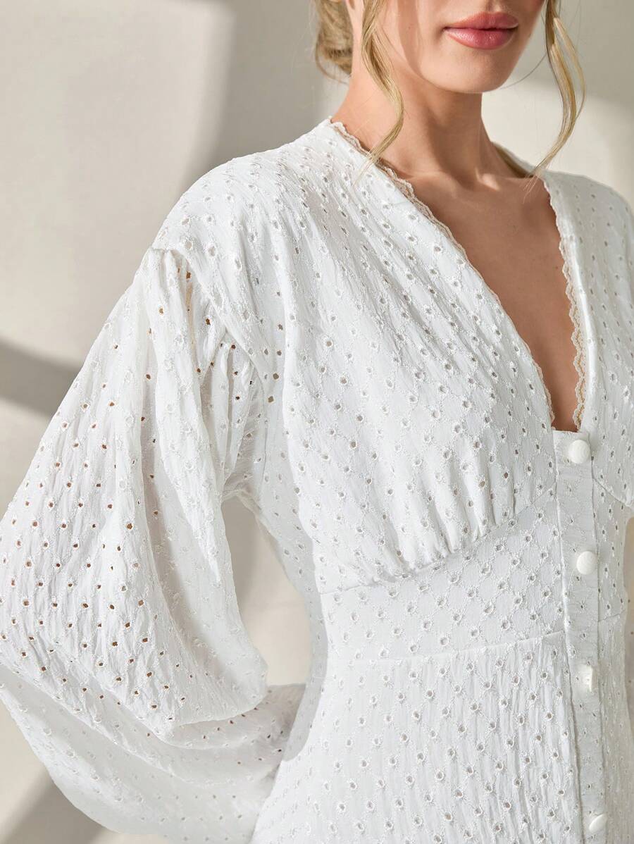 CLARA VERO Vestido elegante y casual con bordado de ojales, vestido blanco largo, vestido de falda
