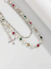 ROMWE Fairycore 1pc Retro Luxurious Multi-Color Crystal & Faux Pearl Waist Chain, Women Charming Personalized Cross Pants Chain, Pants Decoration For Daily Commute, Parties, Music Festivals - Silver - View 5