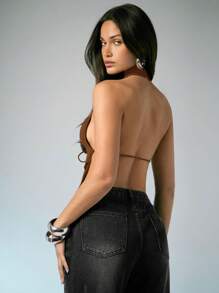 Denimoi Spring And Summer Solid Open Back Cut Out Sexy High Neck Mesh Halter Top, Backless Top, Vacation, Summer, Fashionable, Clubbing, Sexy Tops - Brown - View 3