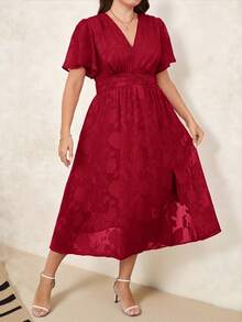 SHEIN Clasi Plus Size Women Floral Jacquard Ruffle Hem Slit Side Hem Elegant Mini Dress Red Wine Midi Dress Midi Wedding Guest Dress Formal Midi Dress Red Floral Midi Dress Plus Size Midi Dress - Red - View 6