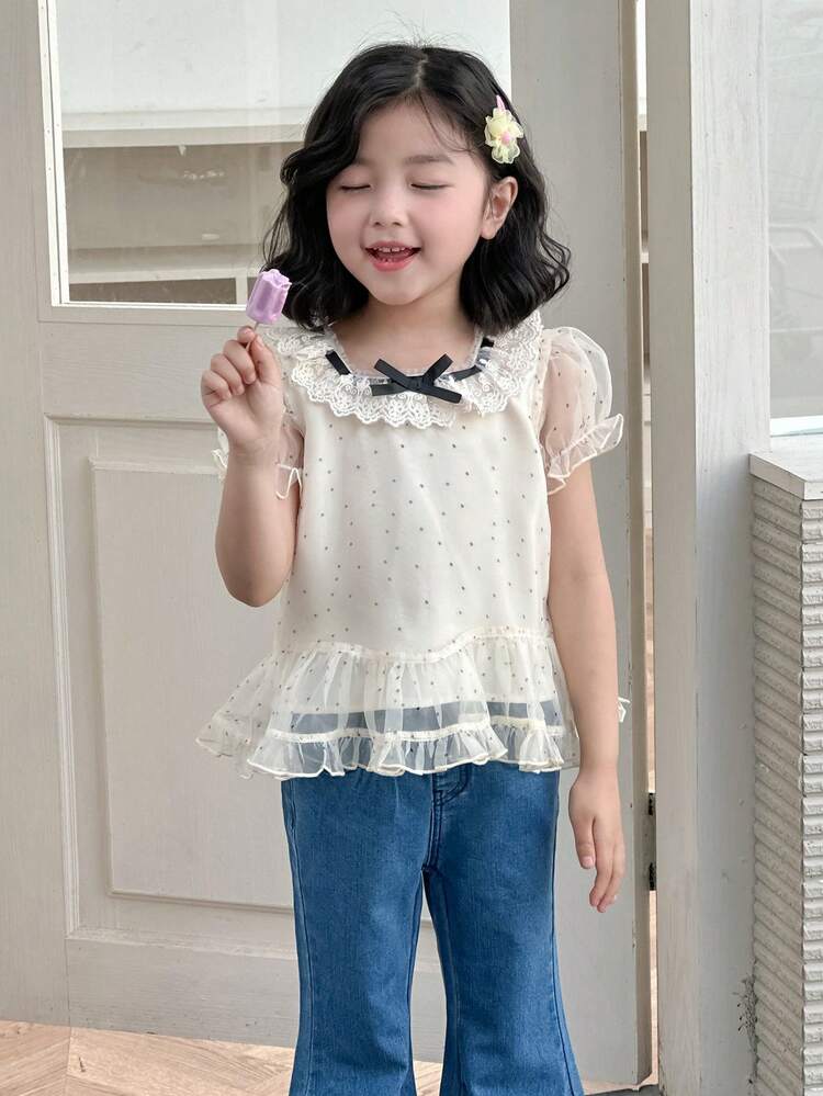 Young Girls Mesh Polka Dot Bowknot Short Sleeve Blouse
