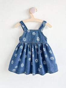 Cozy Pixies 女婴花卉图案无袖高腰牛仔连衣裙 - 藍色 - 查看 2