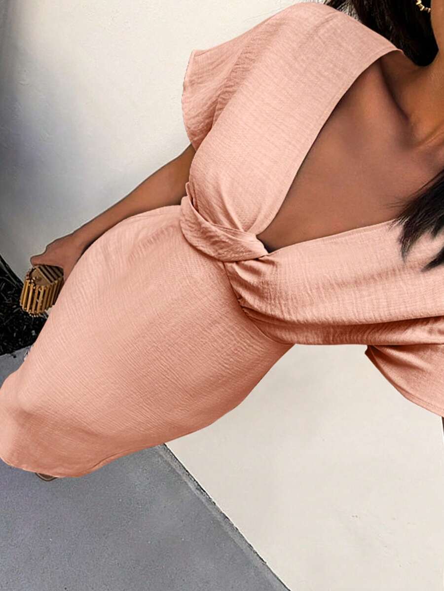 Selianne 夏季女式纯色扭纹设计短袖性感连衣裙