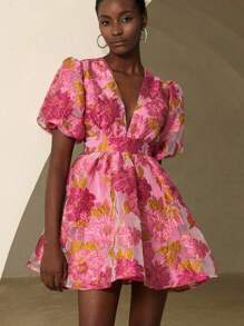 BELROSIE Vestido de línea A con escote en V profundo, cintura entallada, mangas de pétalos y estampado floral de jacquard de organza elaborado para mujer - Rosa - Ver 4