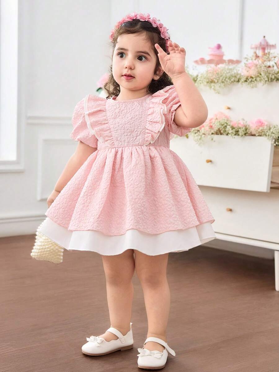 SHEIN Baby Girl Woven Color-Block Ruffle Puff Sleeve Snug Fit Dress - Pink - View 1