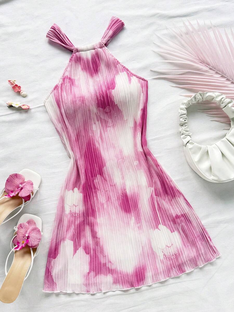 Soleia 女士彩色扎染花卉印花褶皱 A 字形宽松迷你连衣裙，适合度假穿着 - 彩色 - 查看 1