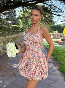 Glamine Vestido mini de patinadora con estampado floral y cuello envolvente, vestido línea A romántico, vestidos de verano para mujer, atuendos de vacaciones para mujer, vestidos elegantes para fiesta, vestidos de sol para mujer