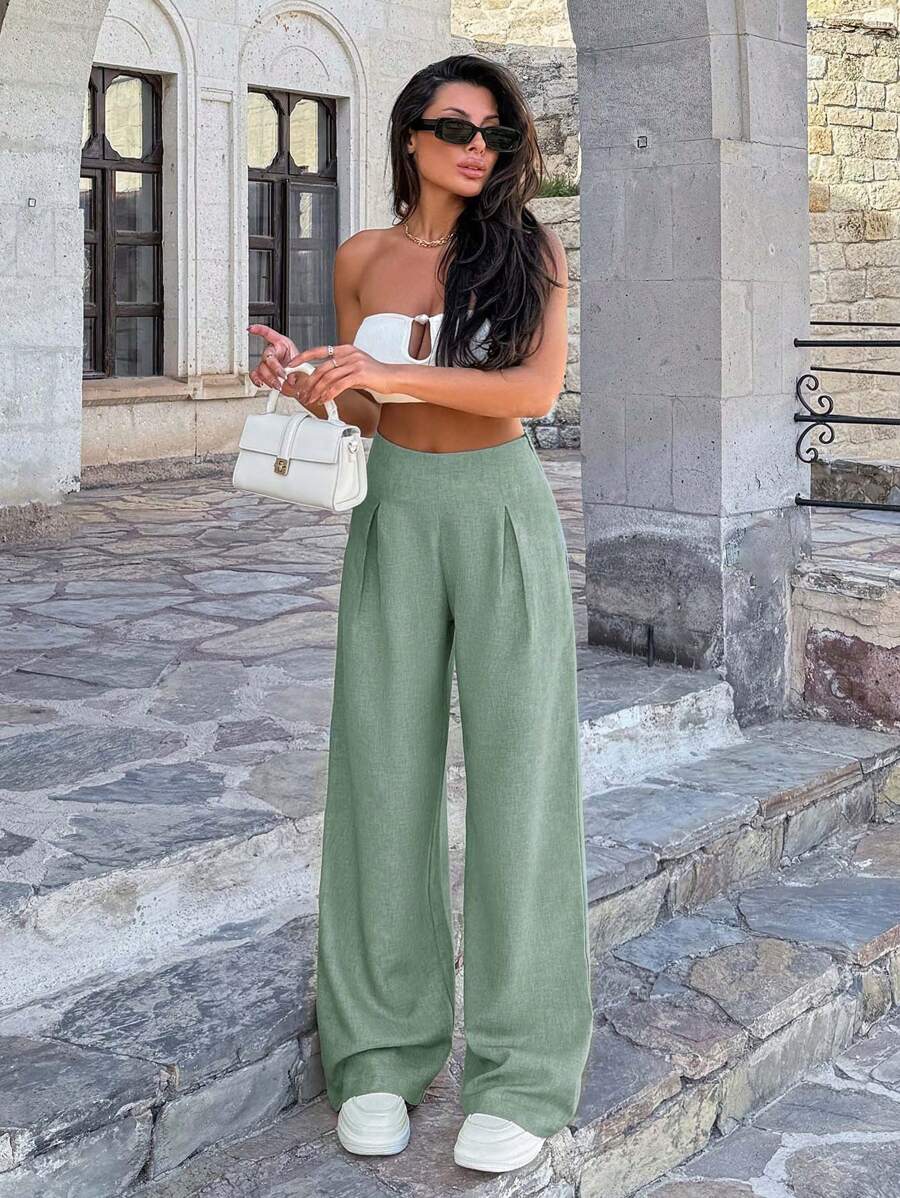 休闲百搭纯色阔腿裤 - 薄荷綠 - 查看 1