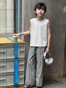 DAZY Tween Boy Solid Color Top + Striped Woven Pants 2 Pieces Outfit, Summer - White - View 2