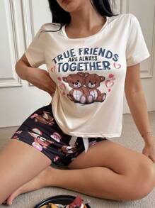 2pcs Bear Letter Print Pajama Set Cute Pajama Set Cute Sleepwear Teddy Bear Pajama Set Women Summer Pajama - Multicolor - View 6
