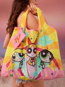 THE POWERPUFF GIRLS X SHEIN 1个可折叠花朵、泡泡、毛茛图案便携购物袋，大容量女士购物袋，Y2k