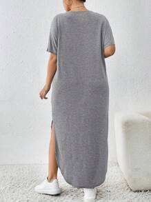 SHEIN Essnce Plus Size Women's Spring And Summer New Fashion Commuter Casual Pocket Design Slit Long Robe Dress - Light Grey - View 2