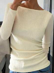 New Textured Off Shoulder Form-Fitting Cap Sleeve Women Top Fall Cloth For Women - Apricot - View 3