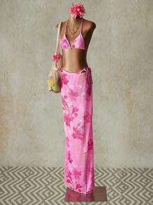SHEIN ICON Damen Bademode, romantischer Blume Muster mit Strass-Akzenten Rock, Strandüberwurf für den 4. Juli, Country Konzert - Pink - Übersicht 4