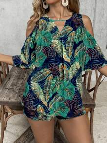 Travachic Blusa holgada con hombros descubiertos, estampado tropical de plantas y cuello con abertura, talla grande, para vacaciones de verano
