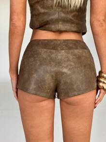 Aloruh Women's Y2K Sexy Retro Patterned PU Leather Low-Rise Mini Shorts, Women's Shorts, Summer Shorts - Brown - View 3