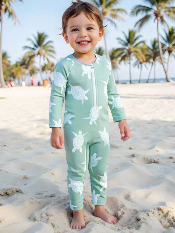 SHEIN Baby Boy Swimwear, One-Piece Swimsuit, Long Sleeve Trousers, Zippered Easy To Put On And Take Off, Knitted Fabric, Cute Turtle Digital Print Seaside Swimsuit, Baby Boy's Seaside Swimsuit