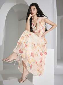 Heiryn 女士花卉印花褶皱无袖优雅中长连衣裙，适合度假 - 彩色 - 查看 2