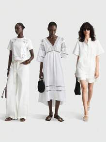 Ontre 2025新款女士纯色纽扣半开襟短袖口袋休闲衬衫，适合日常休闲、通勤、音乐节、早午餐、夏季衬衫、优雅女士衬衫、派对穿着、嘉年华、圣诞节、秋冬新年等场合。 - 白色 - 查看 3