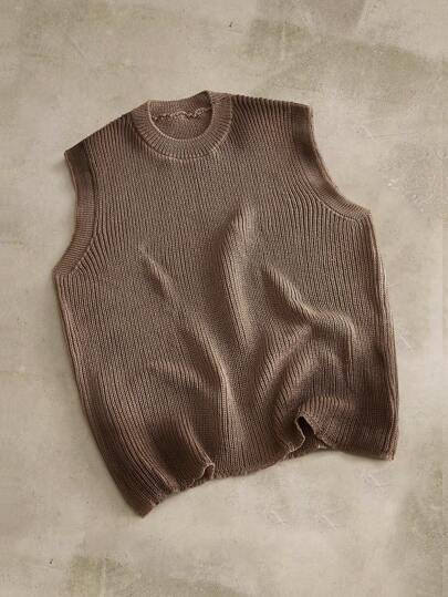 EASEVO Plus Size Men's Sleeveless Street Style Brown Knit Sweater Vest, For Fall Winter