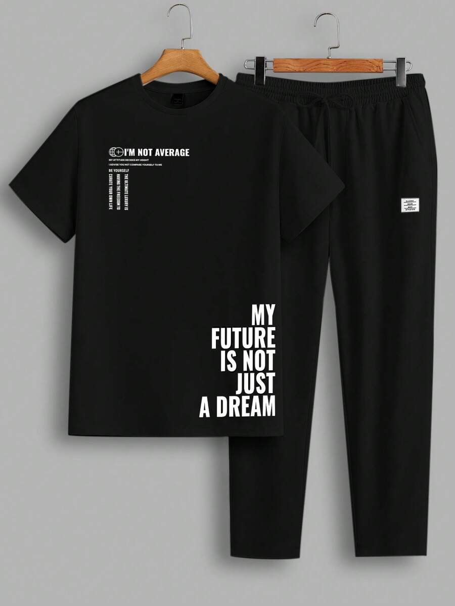 Manfinity VCAY 2 pezzi di maglietta a maniche corte con stampa di lettere a collo tondo a maglia e vestibilità regolare per uomo, pantaloni casual dritti o joggers con vita media adatti all'uso quotidiano, primavera ed estate