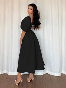 Elenzga Đầm suông tay ngắn dáng chữ A rộng rãi, đơn giản, thanh lịch, giản dị, đi làm, công sở, nghỉ mát, tiệc trà chiều, màu trơn, viền bèo nhún, thời trang xuân/hè - màu đen - Xem 2