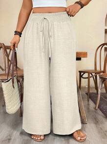 SHEIN PETITE 大码休闲裤，松紧腰带蝴蝶结带 - 杏色 - 查看 7