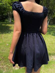 SHEIN Textured Fabric Close-Fitting A-Line Mini Dress For Teens, Square Neck, Navy Blue - Navy Blue - View 2