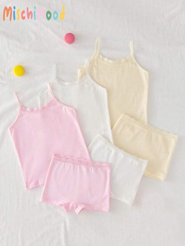 6 Stücke/Set Kleine Mädchen Basis süß einfach Spitzenbesatz Trägerhemd und Spitzenbesatz Shorts Unterwäsche Set