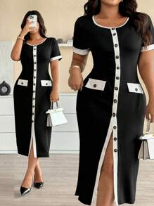 Easura Vestido casual elegante de señora urbana estilo francés, dulce y sexy para talla grande, con manga corta y ajustado. Nuevo vestido de vacaciones de punto con bloque de color, cuello redondo y botones, efecto patchwork