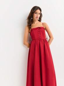 Nöista 红色中长连衣裙，双细肩带，前襟纽扣，腰部和泡泡下摆可调节。柔美的A字廓形，质地柔软。非常适合7月4日独立日、海滩度假、骄傲游行、露肩造型和夏季机场造型。 - 紅色 - 查看 1