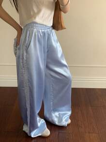 Muchica Women's Lace Patchwork Solid Color Elastic Waist Elegant Pants - Blue and White - View 10