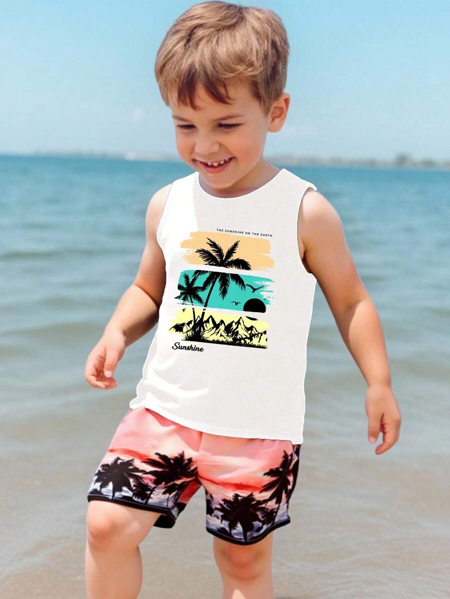 SHEIN 男童休闲椰树印花无袖上衣，适合夏季穿着