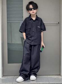 Dazy Kids Tween Boy Summer Letter Graphic Single Breasted Top And Denim Shorts Set - Blue - View 2