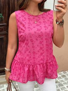 EMERY ROSE Plus Size Women Rose Red Pink Floral,Summer,Elegant,Wedding Guest Embroidered Ruffle Hem Blouse,Country Casual Vacation Simple Fashionable Bohemian - Hot Pink - View 5