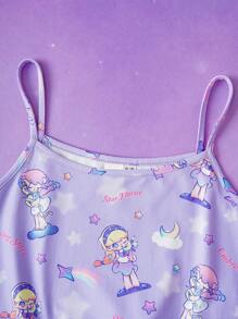 Pop Mart Azura X SHEIN Tween Girl Cartoon Dreamy Star & Rainbow Printed Purple Cute Camisole Top & Loose Shorts Pajama Set