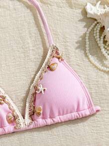 Ensemble de bikini pour préadolescentes, en tissu rose clair spécial, avec décoration de coquillage, design ras-du-cou, élégant et gracieux, idéal pour les vacances