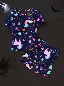 少女舒适夜光独角兽印花短袖上衣和短裤两件套睡衣套装 - 彩色 - 查看 5