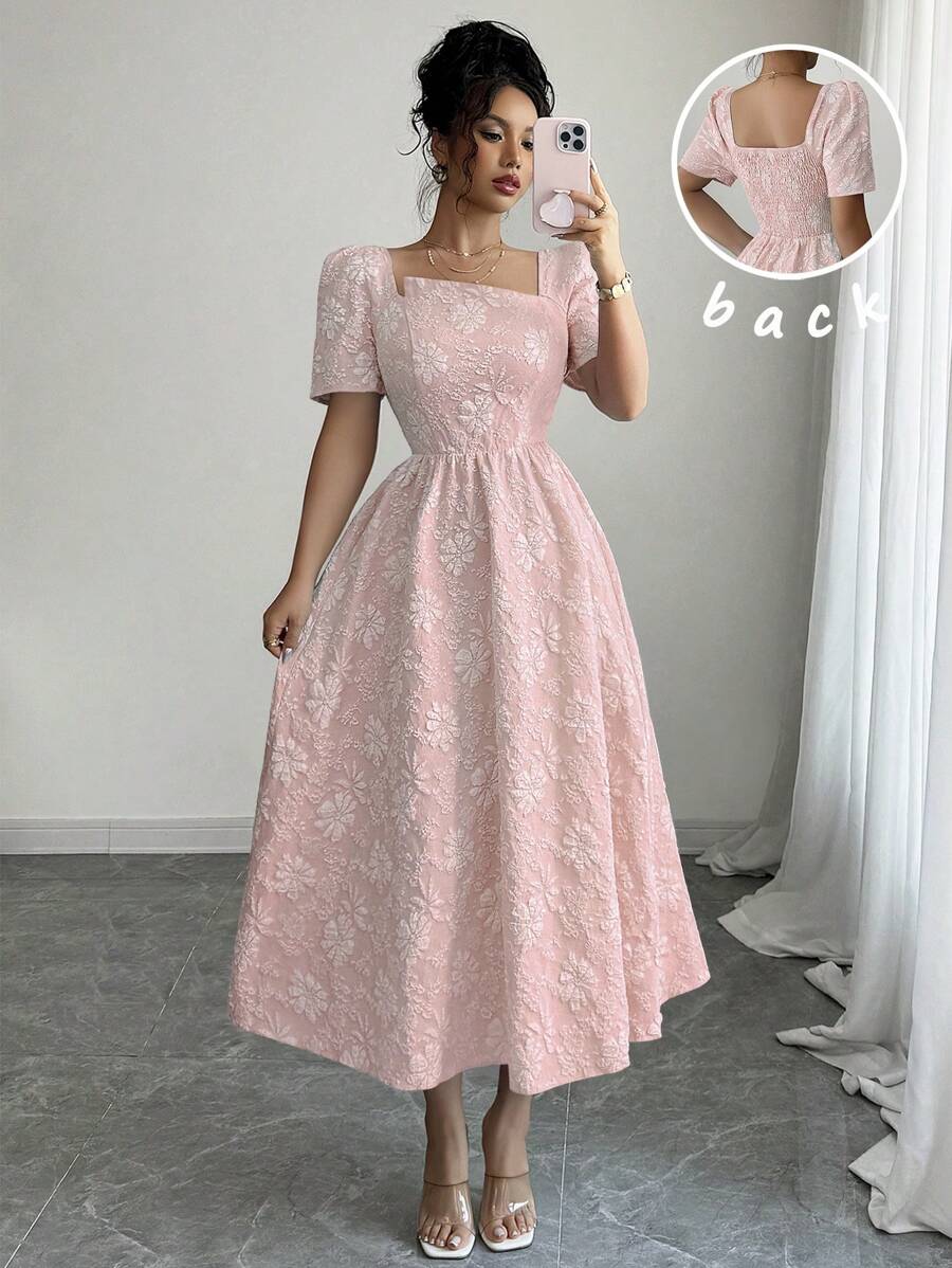 Elenzga Váy midi họa tiết hoa dệt vải trơn màu ngắn tay không đối xứng buộc lưng thời trang trẻ trung, vừa vặn, thoải mái khi đi làm, ôm eo, thanh lịch, đa năng - Hồng - Xem 1