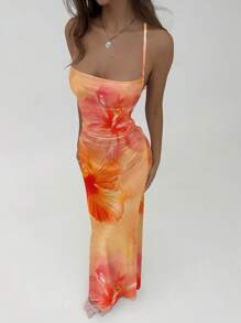 Aloruh Women's Casual Halter Backless Criss-Cross Tie-Dye Hibiscus Print Dress, Suitable For Summer Vacation, Hawaii Floral Long Dress, Beach, Music Festivals,Boho Clothes Women Suitable For Going Out Chic Dress - Orange - View 5