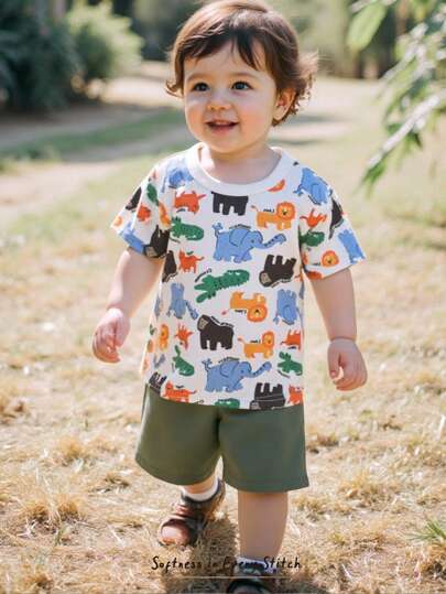 Cozy Pixies Set de 2 piezas con parte superior de manga corta y cuello redondo y pantalones cortos de cintura elástica con estampado de dinosaurio de dibujos animados para bebé niño