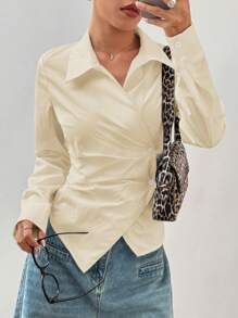 Flirla Damen Lässig vielseitige Kreuzüberschlag Krawattenhalskragen geschnürte Taille Langarm Bluse