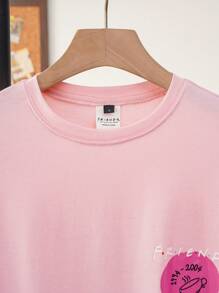FRIENDS X SHEIN Elena Ilustra Camiseta casual de mujer de verano con estampado de letra y figura, de hombro caído