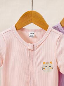 Set de 2 piezas Mono de manga corta ajustado con estampado de dibujos animados para bebés niñas, verano - Multicolor - Ver 3