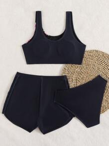 SHEIN 少女三件套比基尼套装，针织百合花卉印花背心泳衣，端庄时尚，适合假日游泳、海滩 - 黑色 - 查看 2